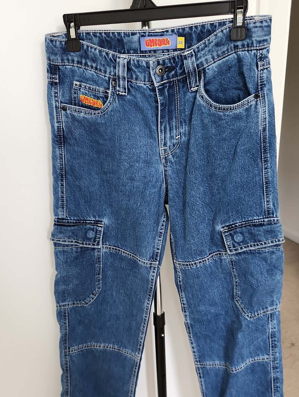 Vintage Ombre Blue Cargo Jeans with Patch Logo